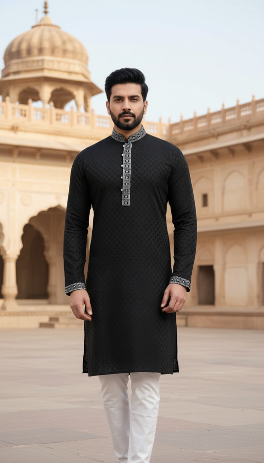 KPD6031 Black Designer Kurta With White Pyjama Set