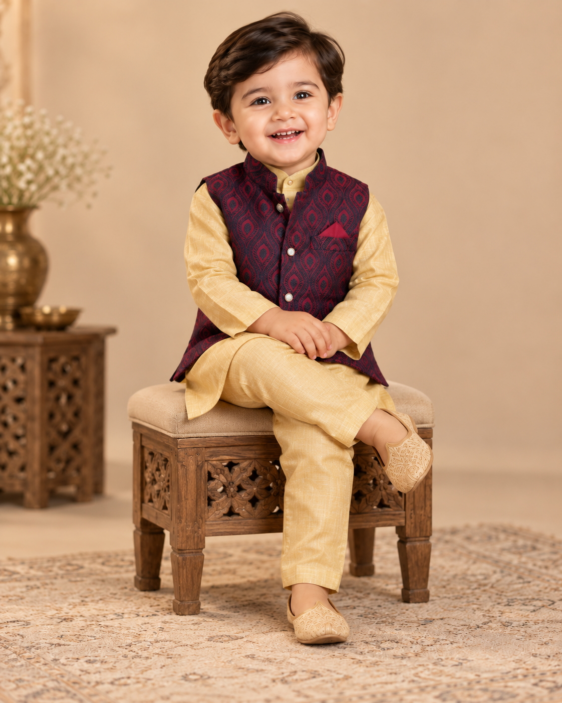 KPK7020 Yellow Kurta and Designer Mahroon Nehru Jacket