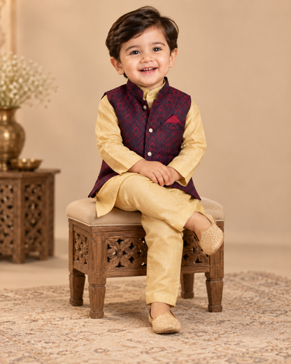 KPK7020 Yellow Kurta and Designer Mahroon Nehru Jacket