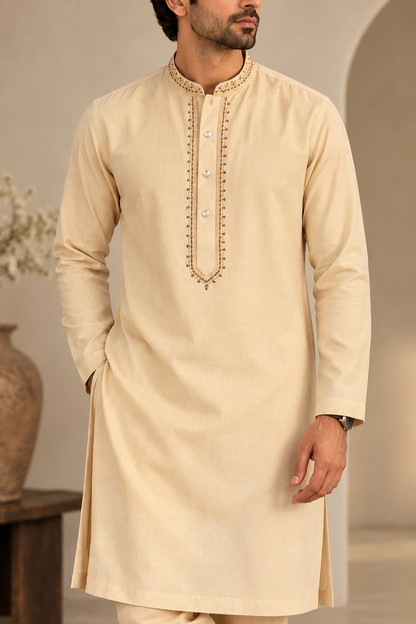 KPD6291 Sand Beige Embroidered Kurta Pant Set