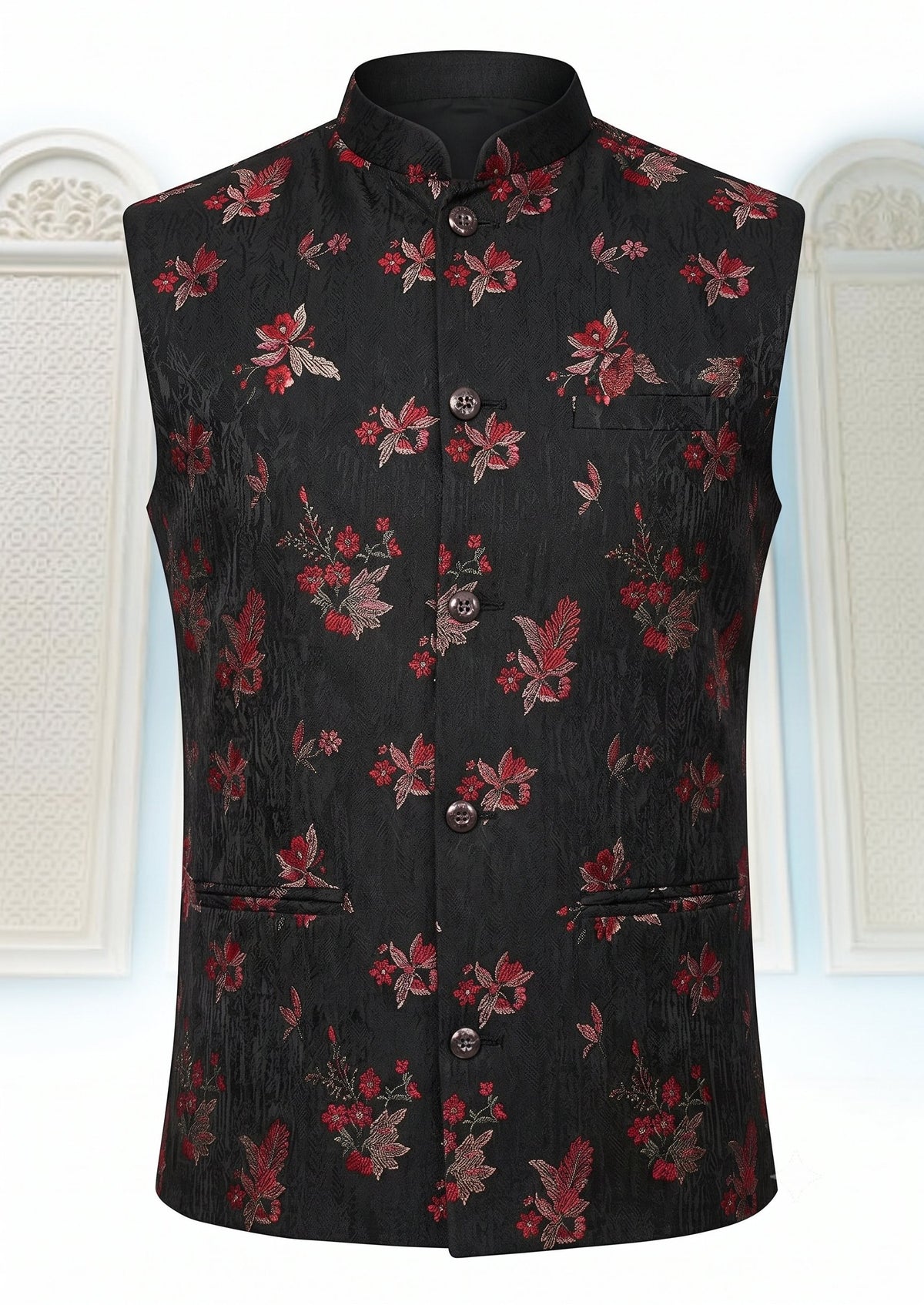 KPJ7016 Black Designer Jacket With Red Texture Leaf