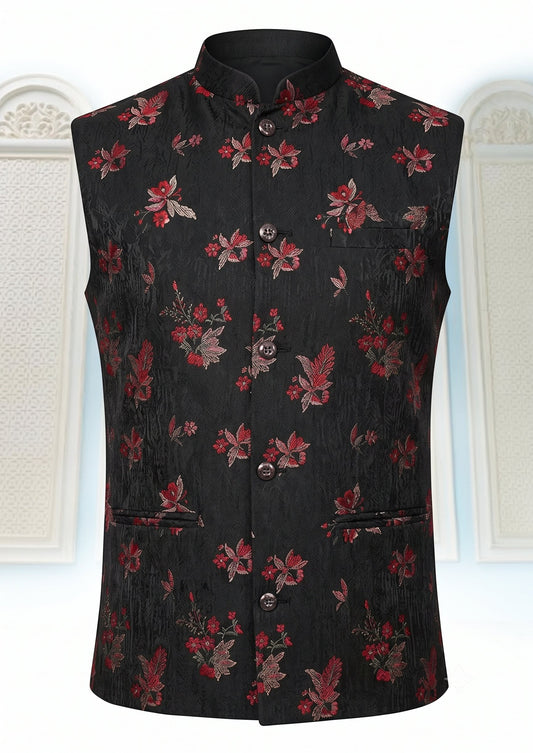 KPJ7016 Black Designer Jacket With Red Texture Leaf