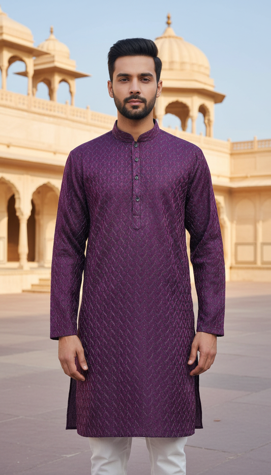 KPD6157 Deep Wine Jacquard Weave Kurta Pyjama Set with Metallic Shine
