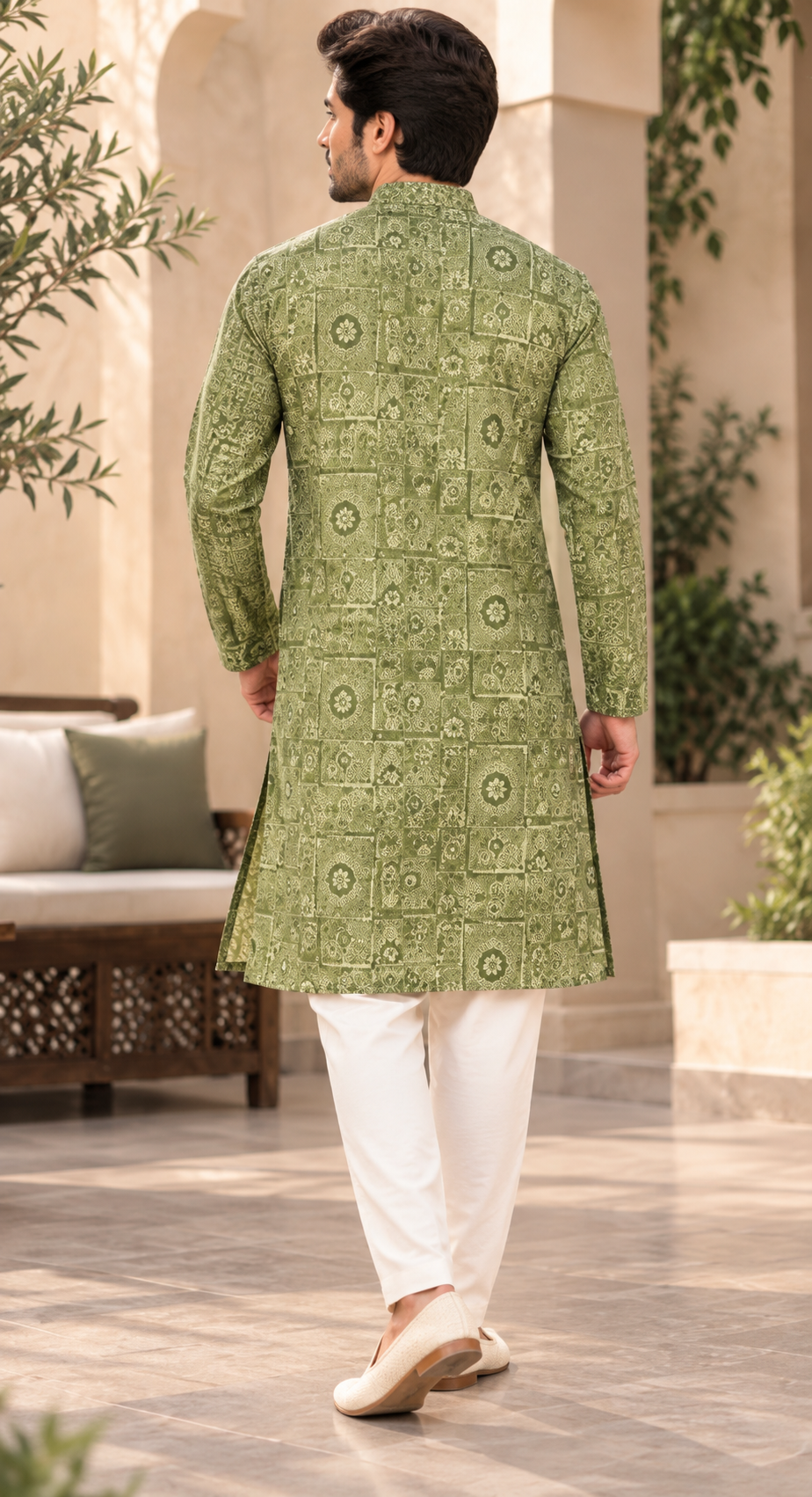 KPD6321 Mehndi Green Printed Kurta for Men