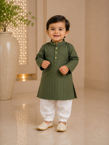 KPK2027 Olive Green Pinstripe Kurta Pyjama Set for Baby Boys