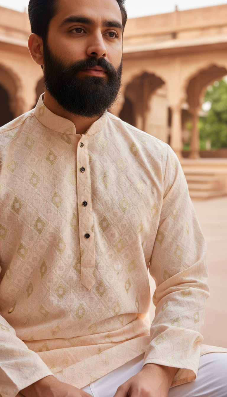Man wearing a traditional pink kurta with intricate patterns in an outdoor setting.
