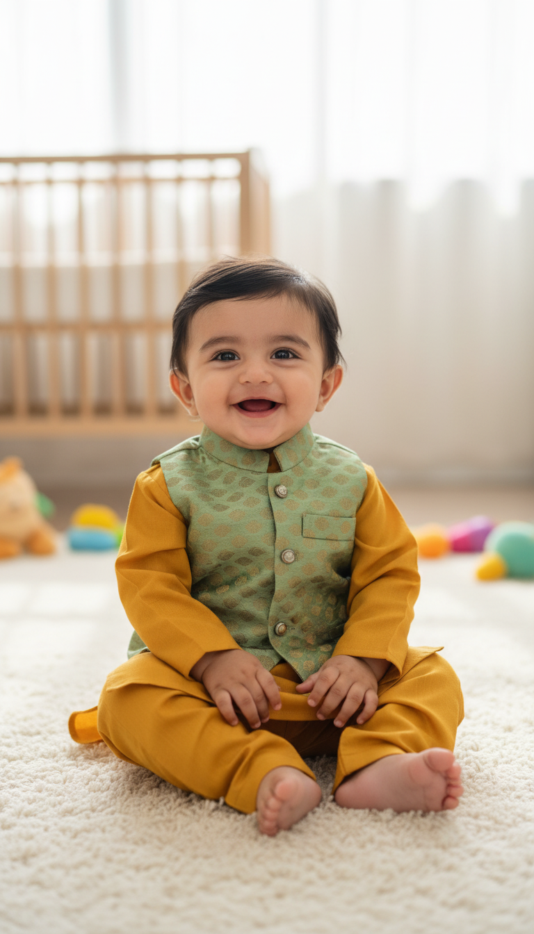 KPK7110 Mustard Kurta Pyjama and Green Nehru Jacket Set