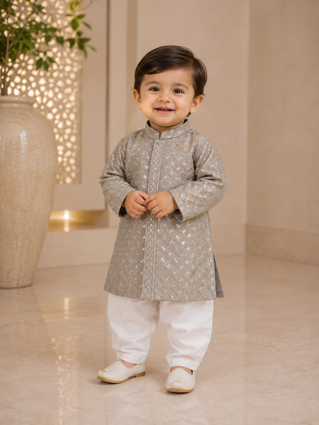 KPK2023 Grey & Gold Embellished Kurta Pyjama Set for Baby Boys