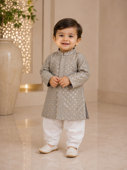 KPK2023 Grey & Gold Embellished Kurta Pyjama Set for Baby Boys