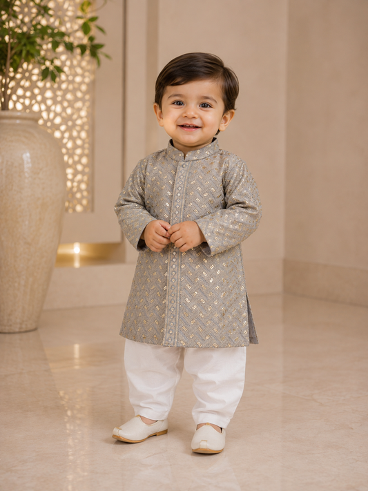 KPK2023 Grey & Gold Embellished Kurta Pyjama Set for Baby Boys