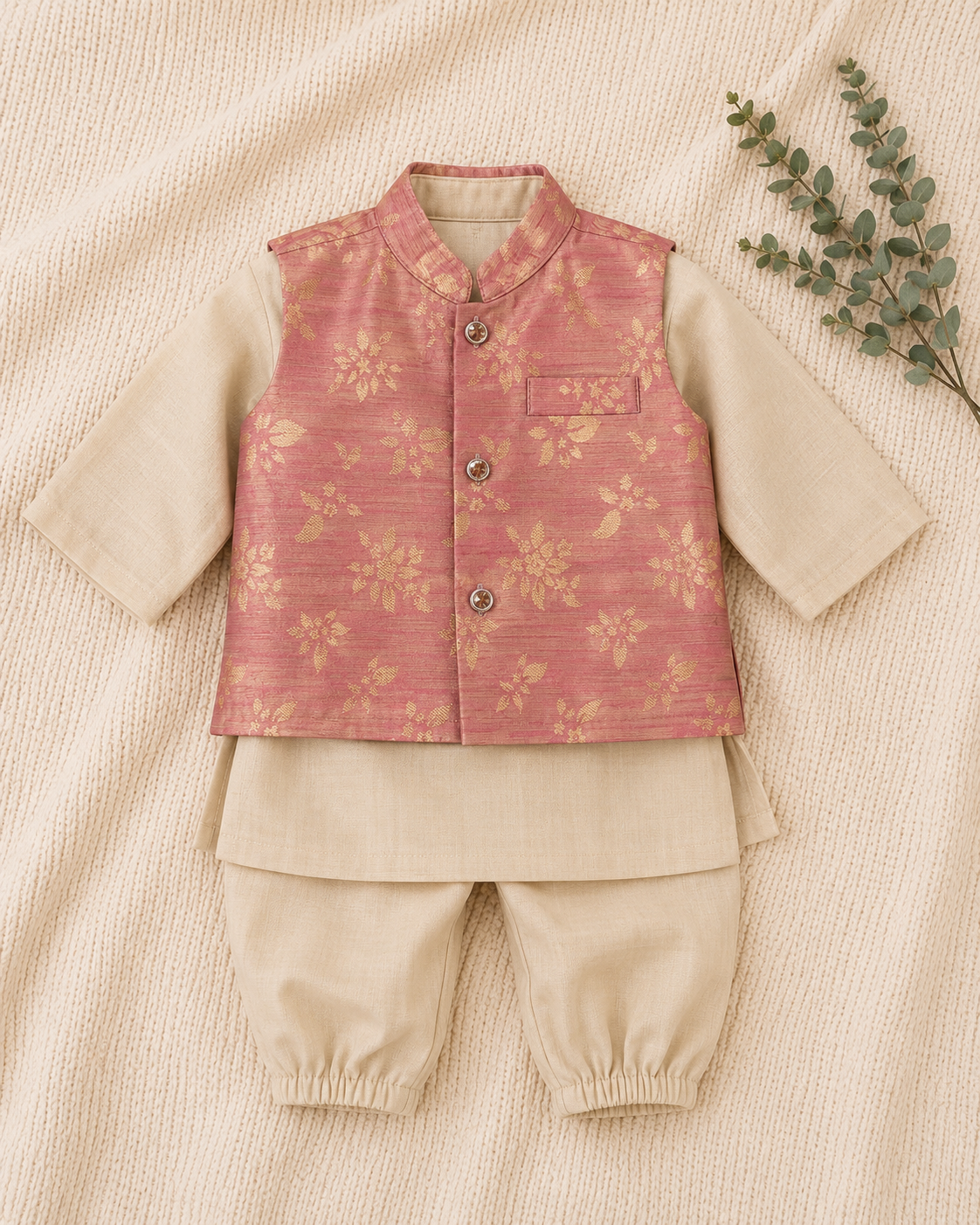 KPK2015 Rose Pink Gold Zari Woven Jacket & Beige Kurta Pyjama Set – 6 to 12 Months