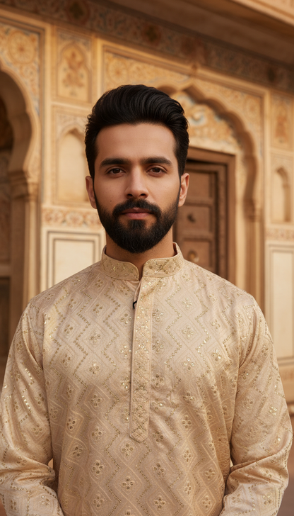 KPD6126 Beige Gold Kurta Pyjama Set