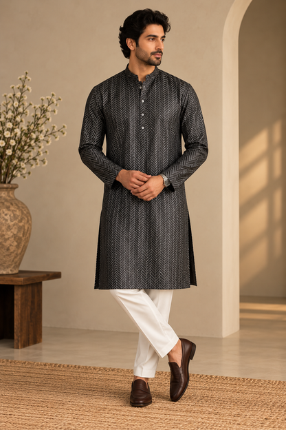 KPD6298 Black & Silver Chevron Woven Designer Kurta Pyjama Set
