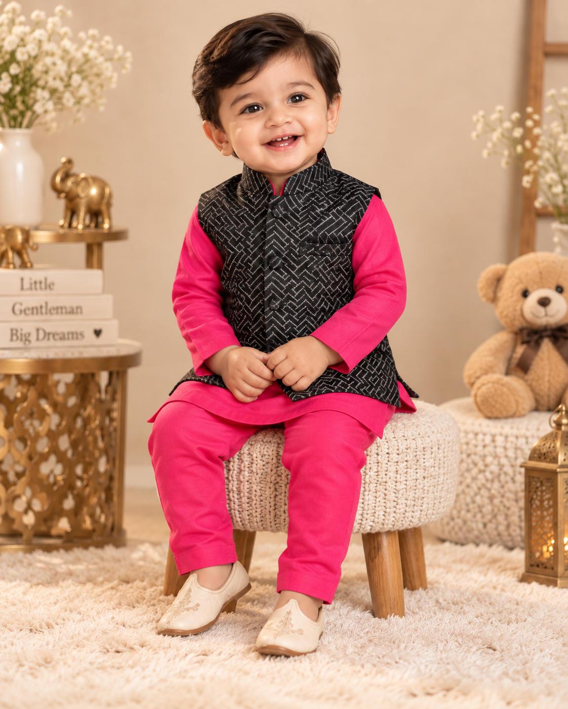 KPK2031 Pink Kurta Pyjama Set with Black Jacquard Nehru Jacket
