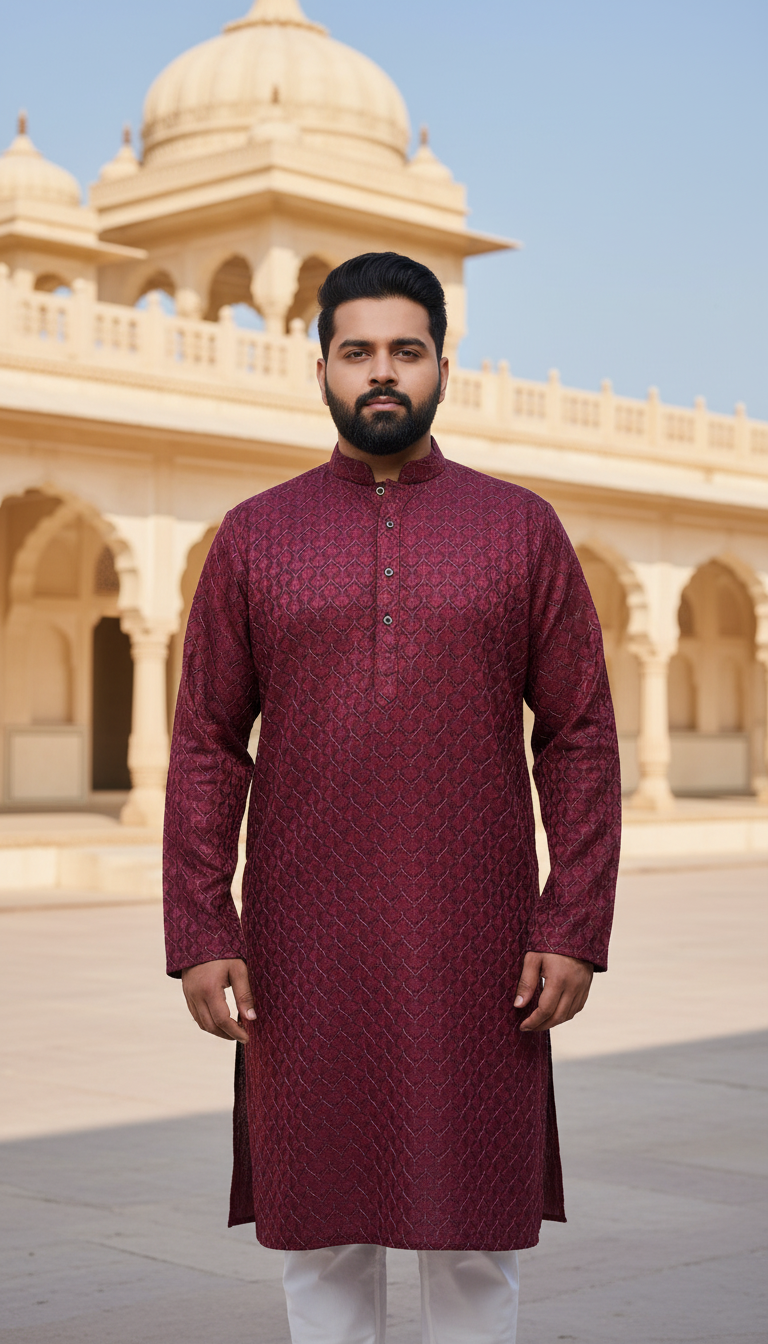 KPD6097 Cherry Red Threadwork Kurta Pyjama