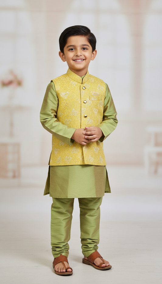 KPK7100 Olive Kurta Pyjama and Nehru Jacket Set 5-6 y