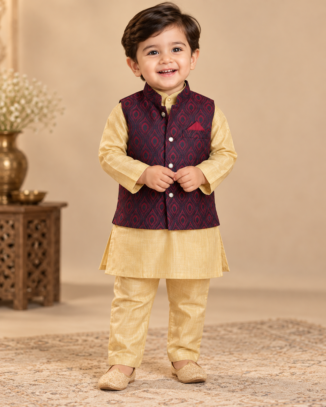 KPK7020 Yellow Kurta and Designer Mahroon Nehru Jacket