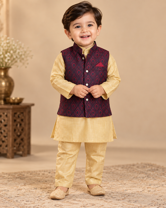 KPK7020 Yellow Kurta and Designer Mahroon Nehru Jacket