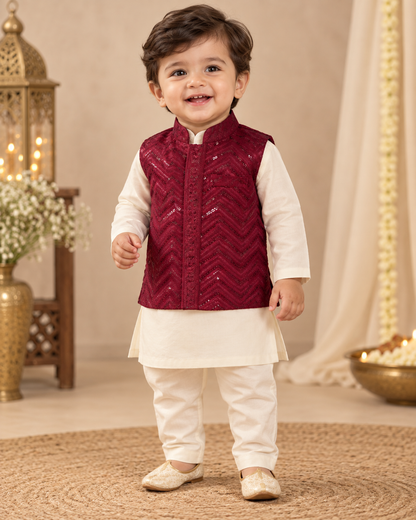 KPK7105 Maroon Sequin Nehru Jacket with Ivory Kurta Pyjama