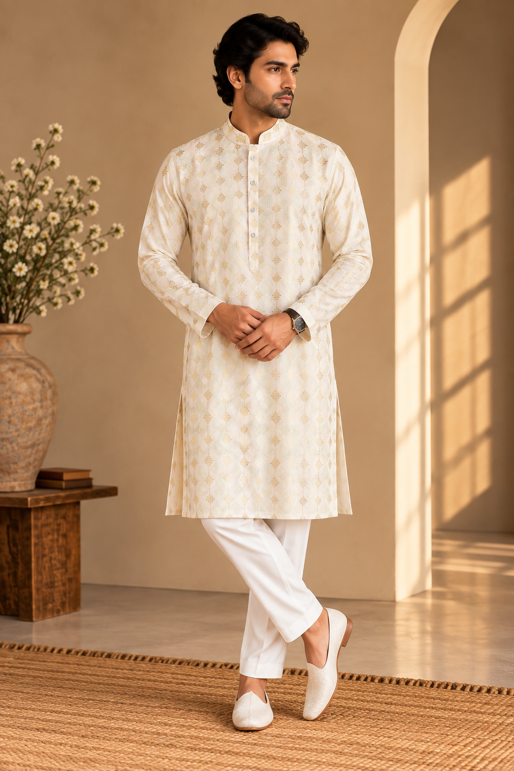 KPD4114 Plus Size Ivory & Rose Pink Kurta with White Pyjama