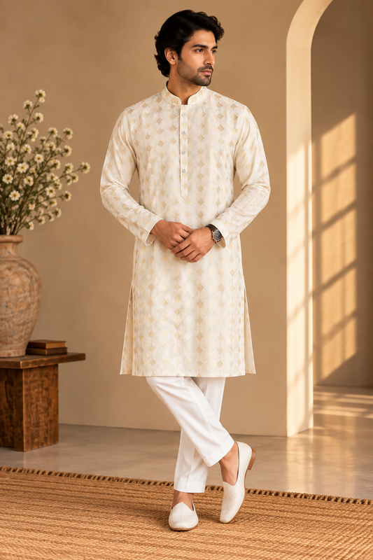 KPD4114 Plus Size Ivory & Rose Pink Kurta with White Pyjama