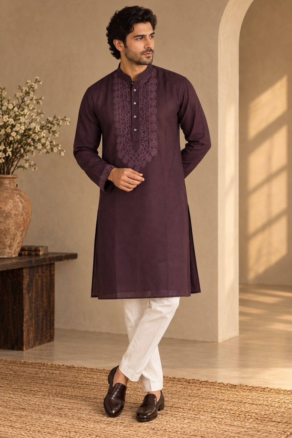 KPD6302 Wine Embroidered Designer Kurta Pyjama Set