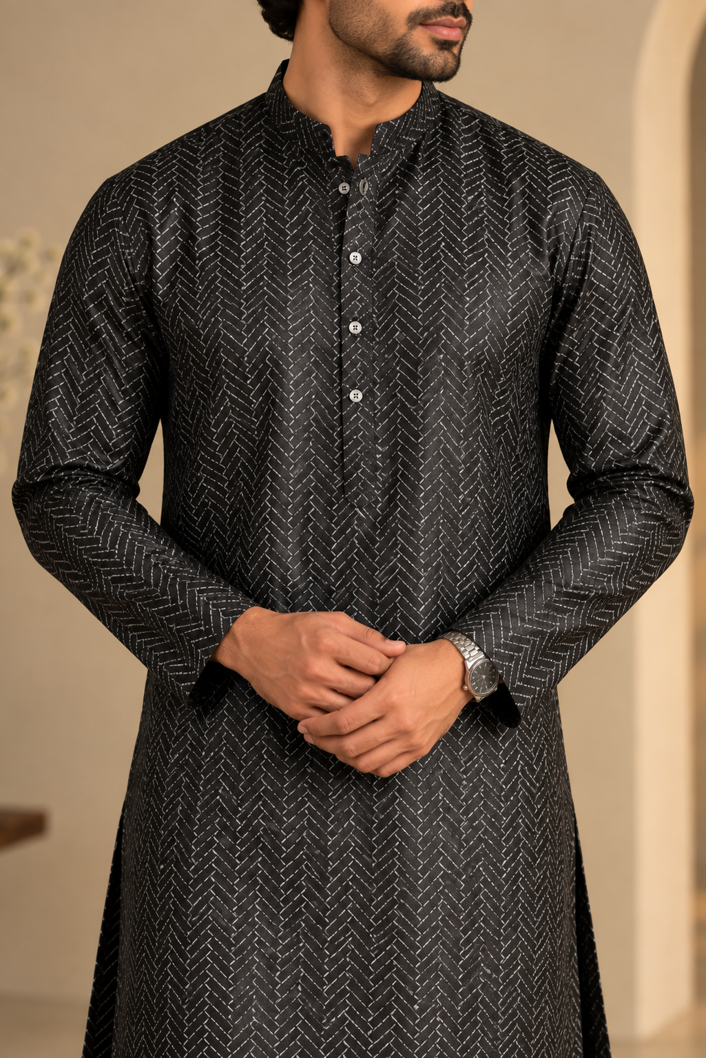 KPD6298 Black & Silver Chevron Woven Designer Kurta Pyjama Set