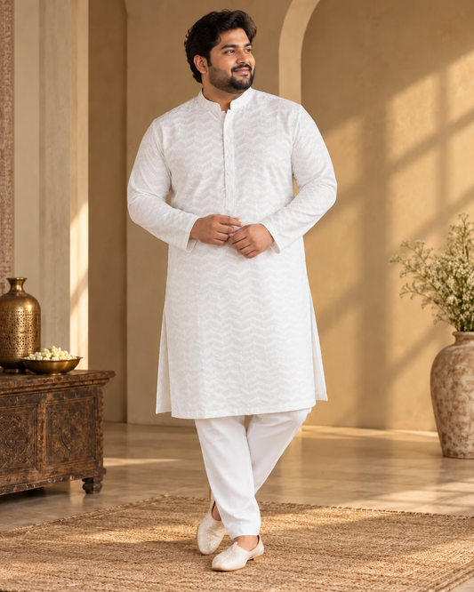 KPD4110 Plus Size White Zig-Zag Sequin Designer Kurta Pyjama