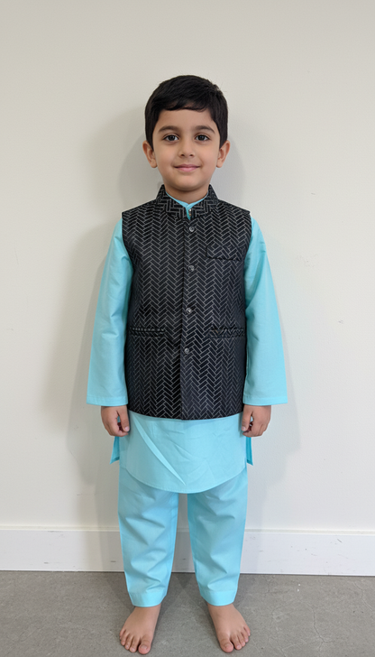 KPK7053 Cyan Kurta and Black Nehru Jacket Set 3-4y