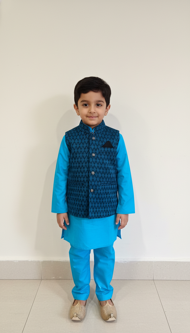 KPK7043 Blue Kurta and Teal Nehru Jacket 3-4y