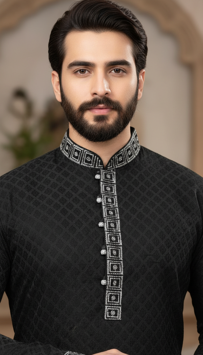 KPD6031 Black Designer Kurta With White Pyjama Set