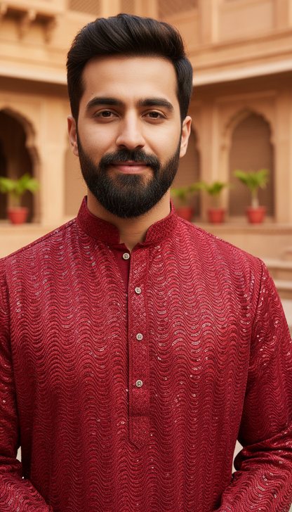 KPD6062 Red Lucknowi Kurta Pyjama Set