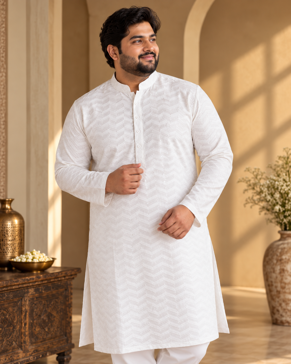 KPD4110 Plus Size White Zig-Zag Sequin Designer Kurta Pyjama