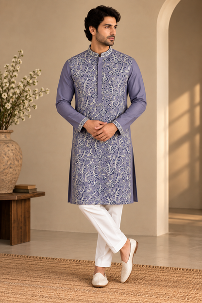 KPD6303 Lavender Floral Embroidered Men's Kurta