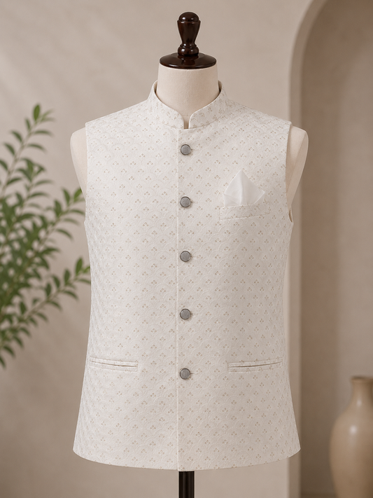 KPJ7116 White Work Nehru Jacket