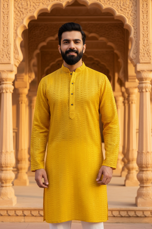 KPD5092 Yellow Lucknowi Kurta Pyjama Set - Kurtapyjama.ca