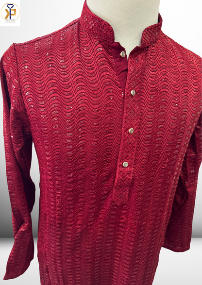 Traditional Red Lucknowi Kurta Pyjama Set