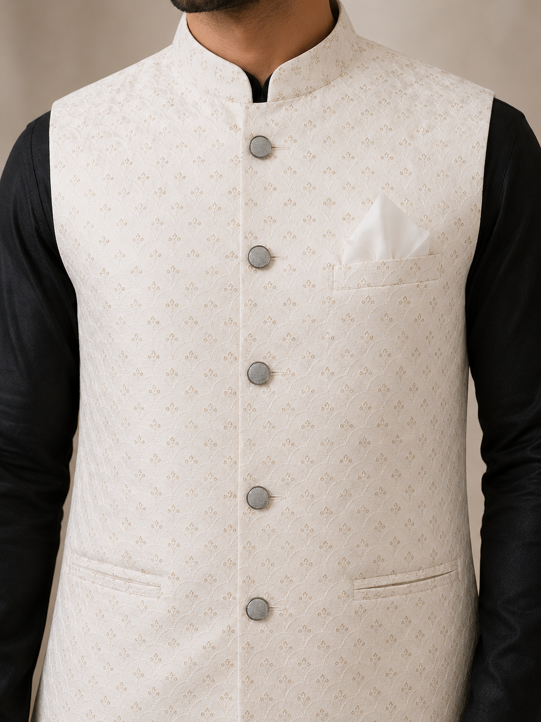 KPJ7116 White Work Nehru Jacket