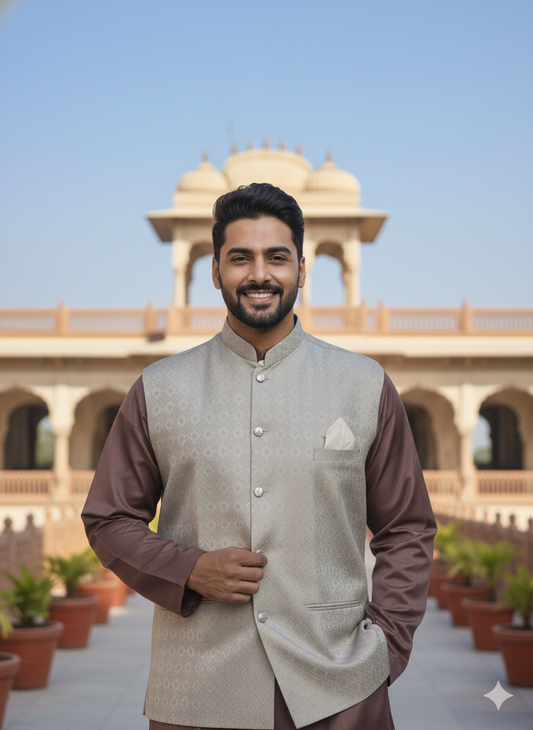 KPD6180 Brown Kurta Pyjama and Beige Jacquard Nehru Jacket Set