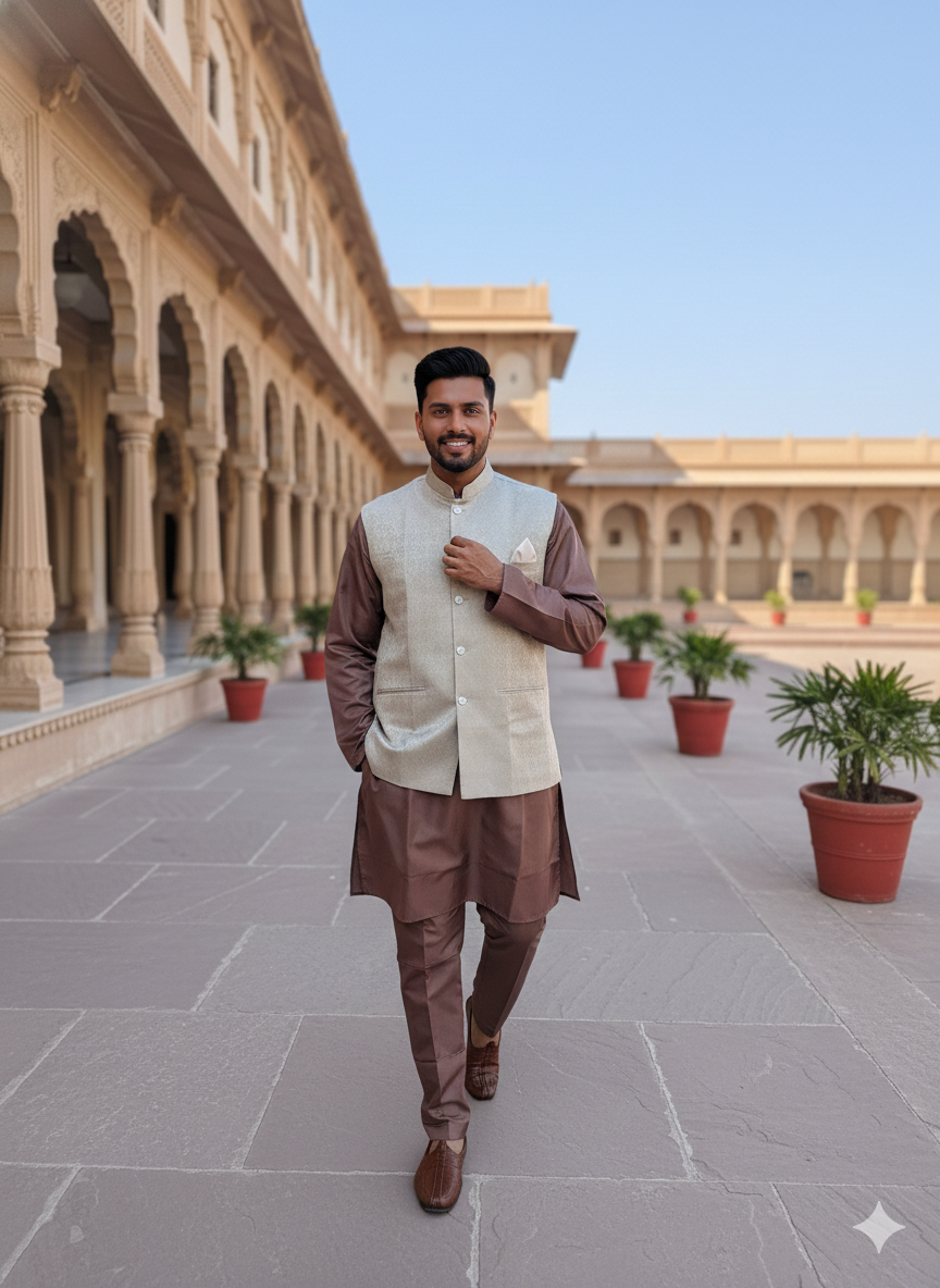 KPJ7082 Warm Beige Jacquard Nehru Jacket