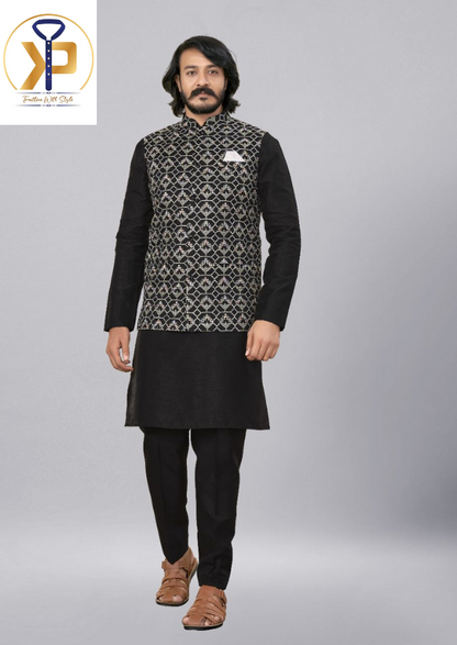 black kurta pyjama set with black nehru jacket