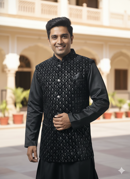 Man wearing a black embroidered vest over a black shirt in an outdoor setting with arches and plants.