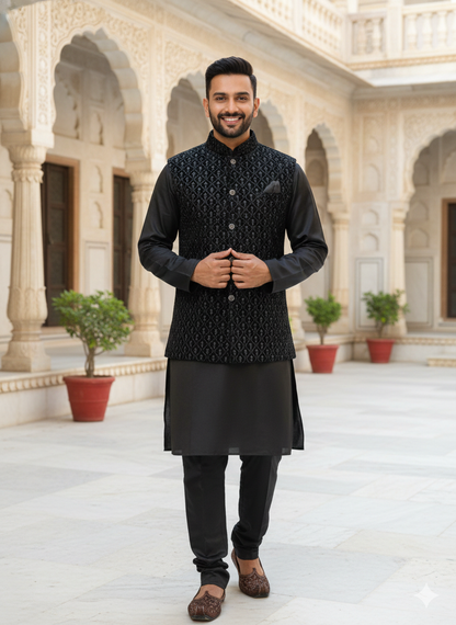 Man wearing a traditional black kurta with a patterned waistcoat in an architectural setting.