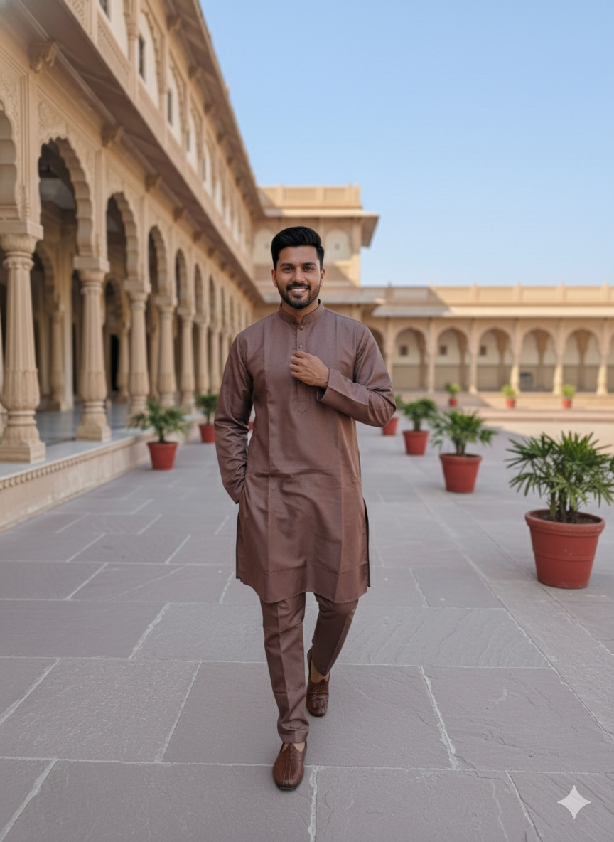 KPD6180 Brown Kurta Pyjama and Beige Jacquard Nehru Jacket Set