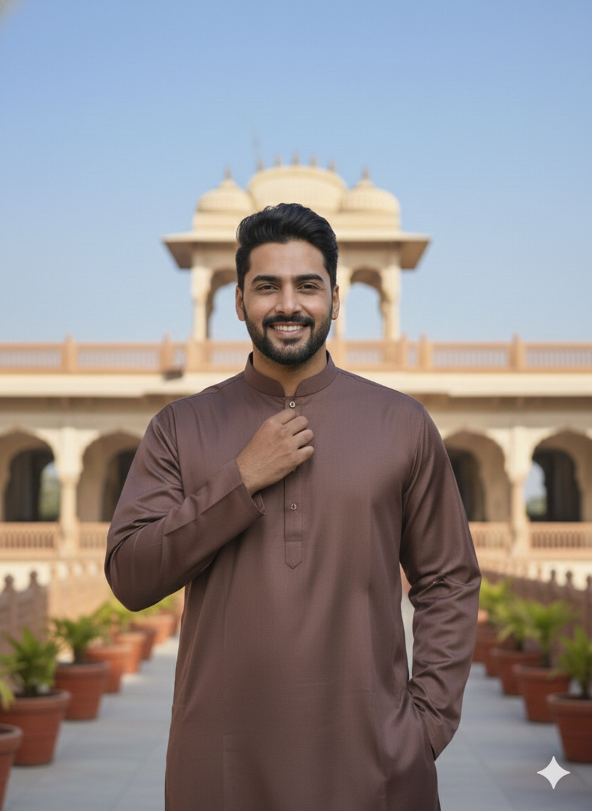 KPD6180 Brown Kurta Pyjama and Beige Jacquard Nehru Jacket Set