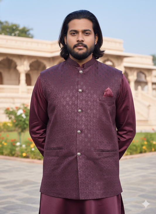 Man wearing a maroon traditional outfit with a patterned vest in front of a building.