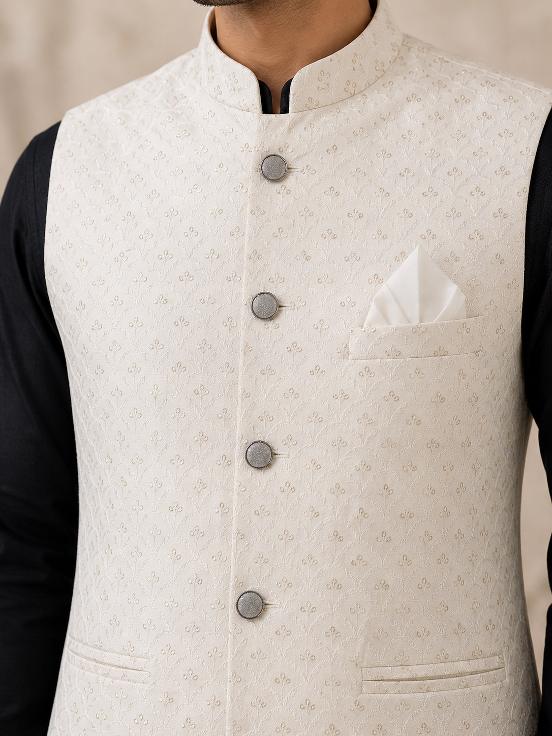 KPJ7116 White Work Nehru Jacket