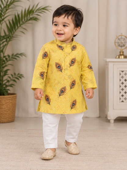 KPK2020 Kids Yellow Peacock Feather Printed Kurta Pyjama Set
