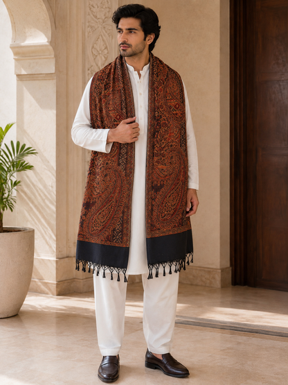KPSH0152 Rust & Black Reversible Paisley Pashmina Stole