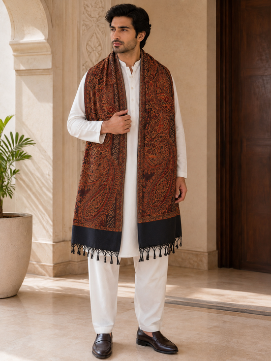 KPSH0152 Rust & Black Reversible Paisley Pashmina Stole